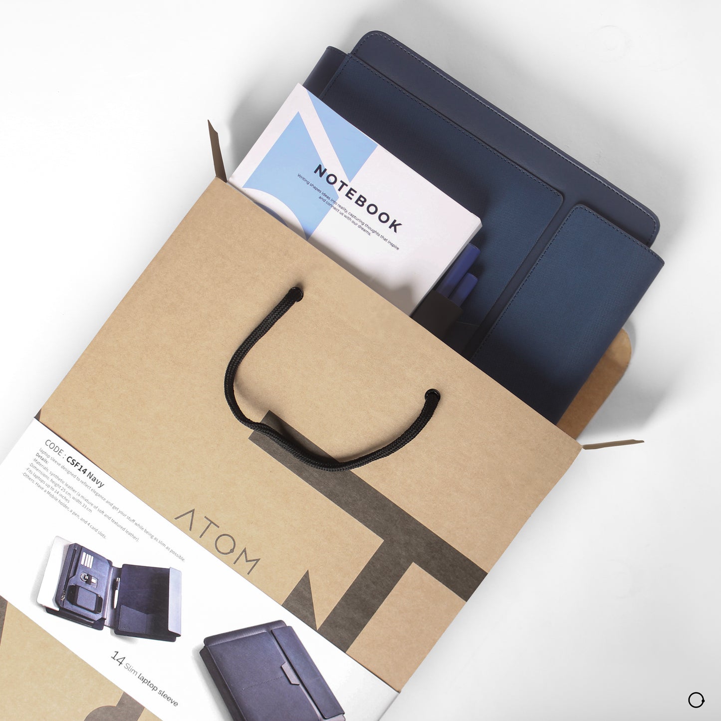 notebook- pen set -laptop sleeve All items are placed together in a Kraft recycling bag.