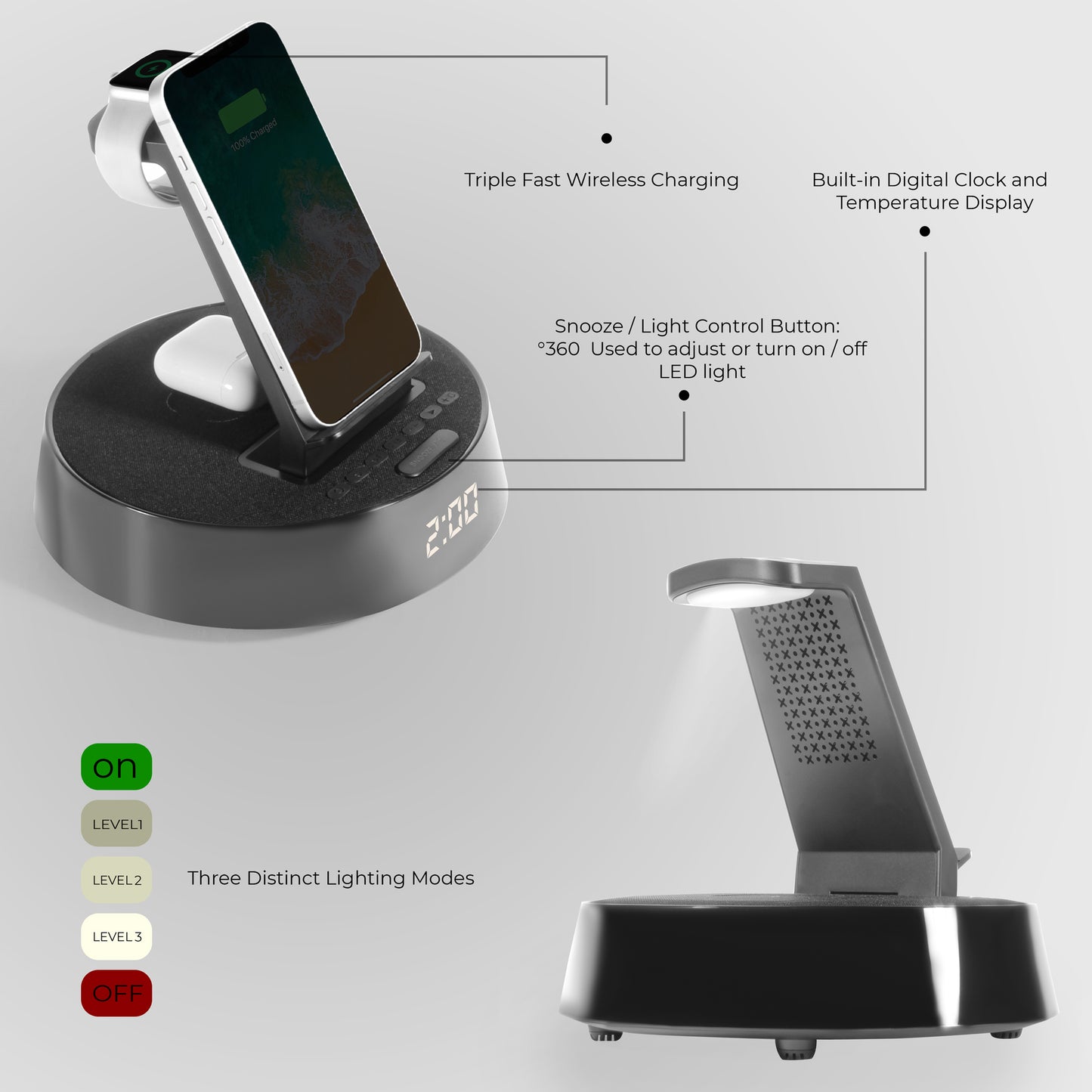 Black Color Design wireless charger, speaker ,Temperature Display and led 