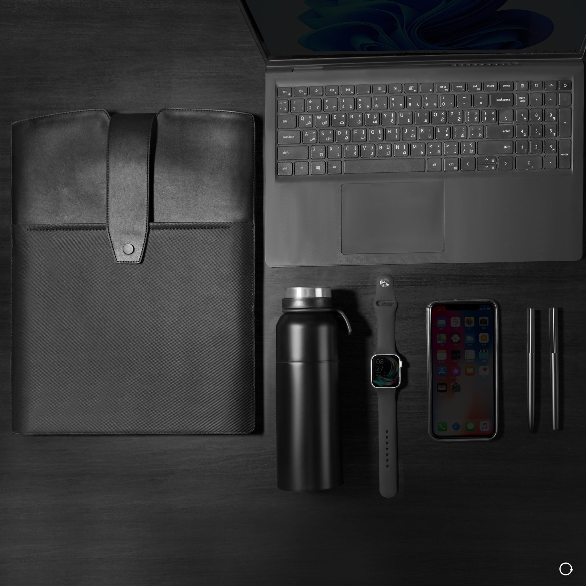 black laptop sleeve -black thermal mug -black pen set -