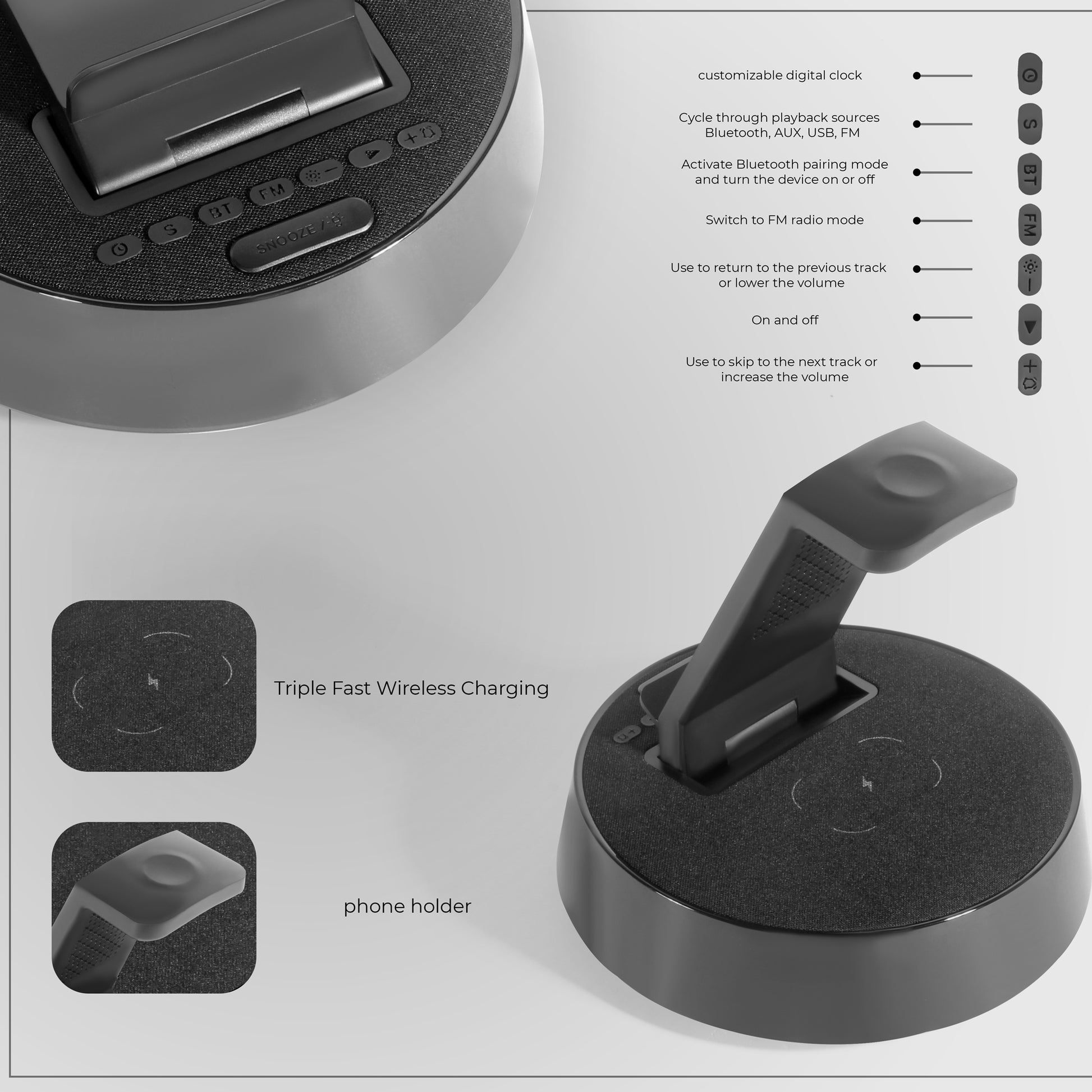 Black seven in one wireless charger & speaker 